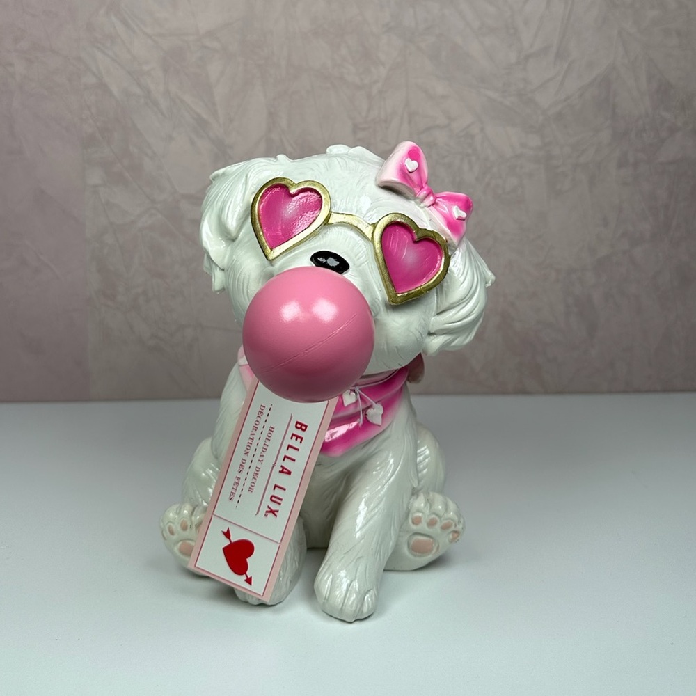 Bella Lux White Dog in Sunglasses Blowing Bubble Figurine